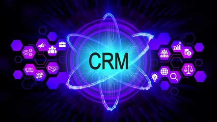 C R M customer relationship management technology with abstract glowing atom and business icons image