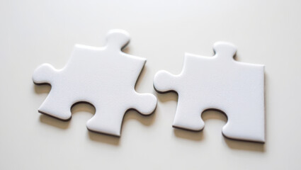 Obraz premium Two white puzzle pieces about to connect on a plain background