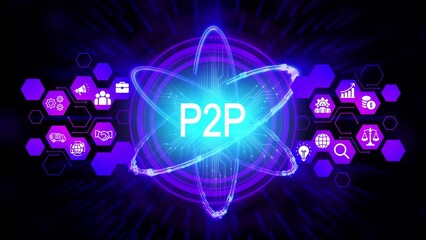 Neon P2 P network with interconnected business icons and atom graphic peer to peer technology