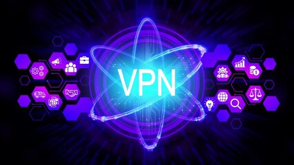 Glowing V P N text in atom nucleus surrounded by purple hexagons with business icons virtual private network