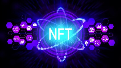 Neon N F T digital art with interconnected business icons and atomic structure non-fungible token cryptocurrency