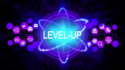 Glowing neon atom with text level up and business icons technology