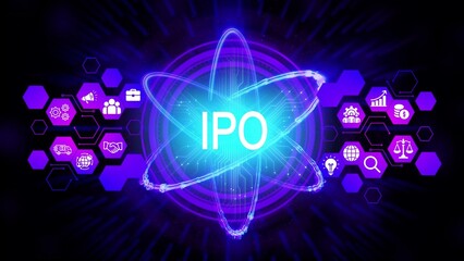 Glowing I P O text at center of atom like structure with business icons in hexagons initial public offering