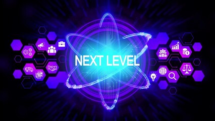 Glowing neon atom with circuit board pattern and business icons next level text technology innovation