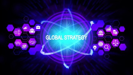 Abstract glowing atom with global strategy icons and text neon