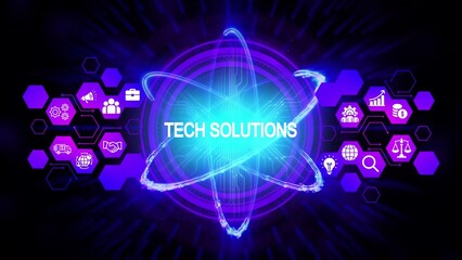 Glowing atom with tech solutions text and business icons in purple hexagons technology innovation