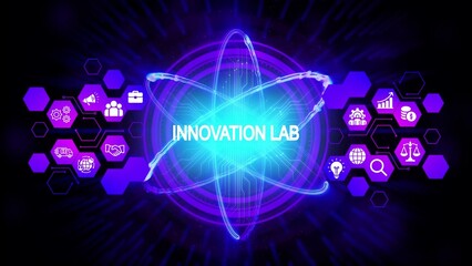 Glowing atom structure with innovation lab text and business icons science technology