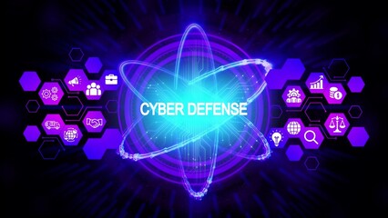 Glowing atom with cyber defense text and interconnected icons technology security