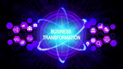 Glowing blue atom nucleus with business transformation text and purple hexagonal network of icons image
