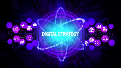 Digital strategy concept with glowing atom nucleus and orbiting icons on dark background technology business