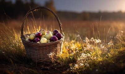 Rustic Wicker Basket Overflowing with Juicy Red and Green Apples Amidst Tranquil Autumn Meadow