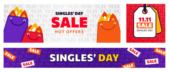 Set of 11.11 promo banners with cartoon shopping bags in flames, sale coupons, tickets and price tag with Singles Day special offer text. Vivid posters with flat vector design for marketplaces ads
