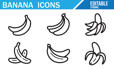 Editable line style banana icons collection, peeled banana, bunch of bananas, tropical fruit, sliced banana, organic food, healthy snack, and nutrition symbols for diet, kitchen, grocery, and agricult