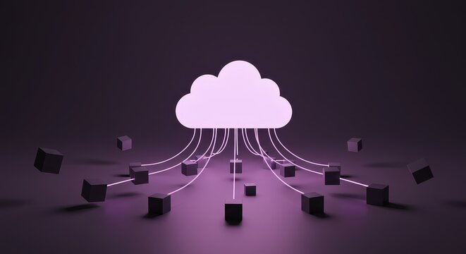 Fototapeta Cloud computing concept with data flowing to connected server nodes against a dark background