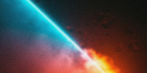 Abstract diagonal blue light beam cutting through red smoke and fire, representing a clash of forces or energy