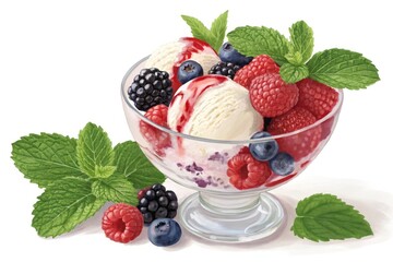 Delicious Berry and Ice Cream Dessert in a Glass Bowl With Mint