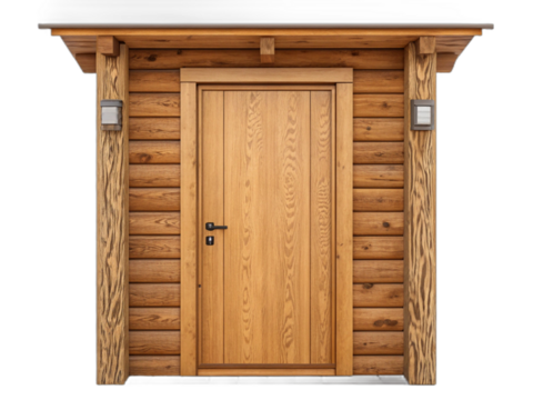 Wooden door of a log cabin isolated on transparent background