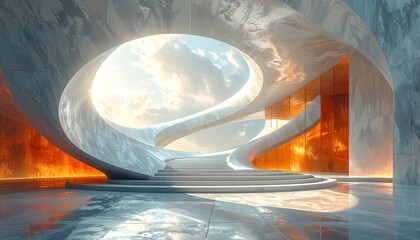 An intricate, futuristic architectural space with sweeping concrete curves, illuminated by natural light filtering through skylights.