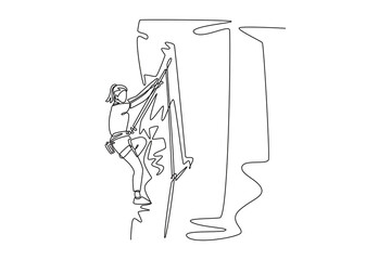 Continuous one line drawing professional young woman climbing a steep cliff, symbolizing adventure, strength, determination, and thrill of ascent. Single line draw design vector graphic illustration