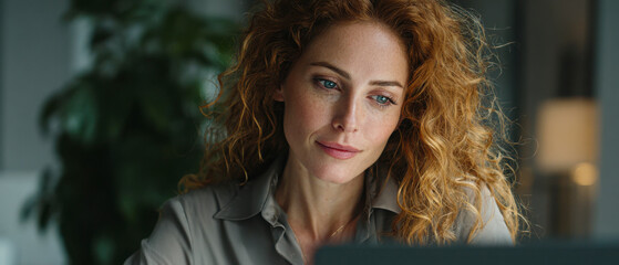Fototapeta premium Woman with red curly hair working on laptop