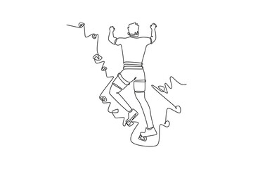 Single one line drawing back view of man climbing a cliff, representing physical power and focused effort required to conquer rock wall. Modern continuous line draw design graphic vector illustration