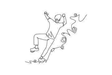 Obraz premium Continuous one line drawing young man climbing a steep overhanging cliff, symbolizing extreme adventure, strength, determination, thrill of ascent. Single line draw design vector graphic illustration