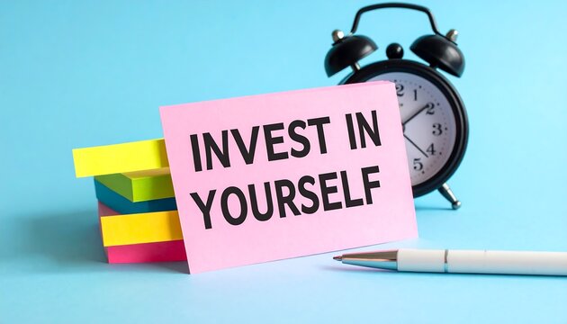 Motivational message on a pink sticky note, accompanied by colorful notes and a black alarm clock, promoting self-improvement and personal growth.