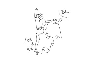 Single continuous line drawing back view of female climbing a cliff in challenging pose, representing courage required to conquer a rock wall. Dynamic one line draw graphic design vector illustration