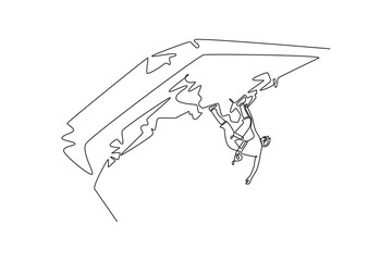 Single continuous line drawing man climbing overhanging cliff in challenging, inverted pose. Concentration and courage required to conquer a rock wall. One line draw graphic design vector illustration