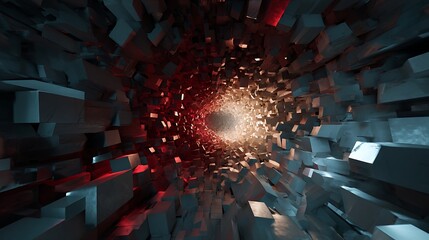 A dynamic tunnel of shattered blocks converging towards a radiant light, creating a sense of speed and destruction, an abstract and modern design