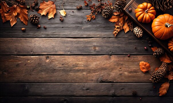 Cozy Rustic Autumn Decor: Dried Leaves, Pine Cones, and Vibrant Pumpkins on Wood
