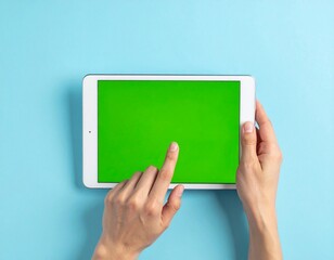 Hands pointing a tablet with a blank green screen display against a bright blue backdrop, perfect for your content.