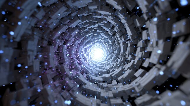 A futuristic vortex of interconnected blocks spiraling towards a luminous center, evoking a sense of technological advancement and digital wonder
