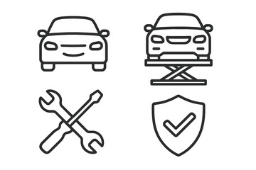 Car service and auto repair line icon set. Vehicle maintenance, diagnostics on a lift, and workshop tools. Automobile insurance, warranty, and protection symbol. Vector.