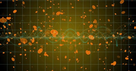 Obraz premium Floating orange tokens with dollar symbols, cyan, yellow waveforms drifting across olive green grid