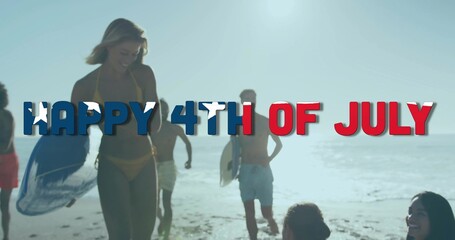 Naklejka premium Laughing friends in swimwear carrying blue bodyboard and surfboard walking at beach, copy space