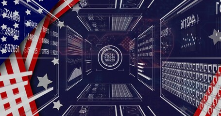 Obraz premium Showcasing data streaming charts and round display in virtual tunnel with panels and stars stripes