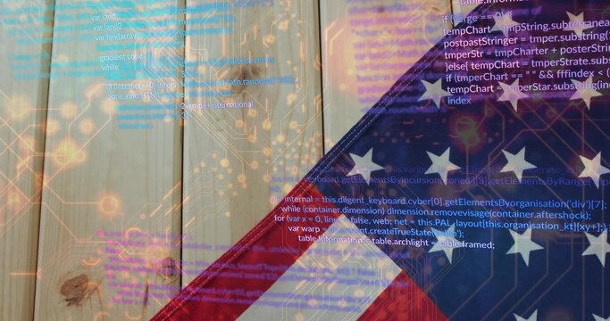 Naklejki Displaying US flag panel overlying wooden planks, with circuit board pattern and code snippets