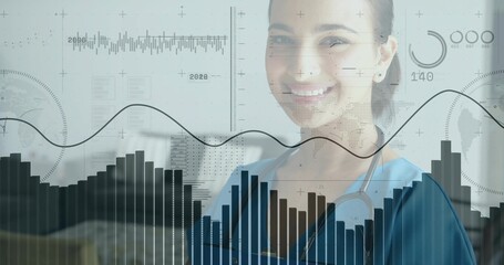 Smiling clinician wearing scrubs, stethoscope in clinic, with digital data overlay, copy space