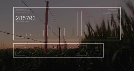 Displaying wooden fence posts in rural field at dusk with barbed wire and infographic overlay
