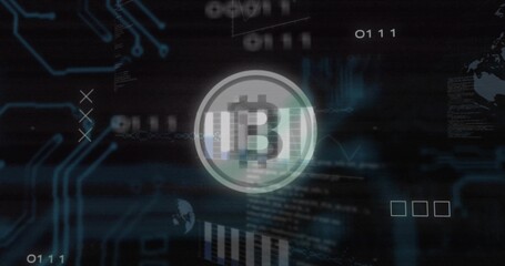 Obraz premium Displaying central Bitcoin symbol on network interface, with glowing circuit traces, globe outline