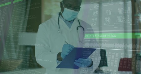 Senior African American doctor noting data in hallway, with stethoscope, clipboard and code overlay
