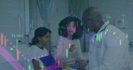 Listening gowned patient holding clipboard on hospital bed, with IV pole and financial charts