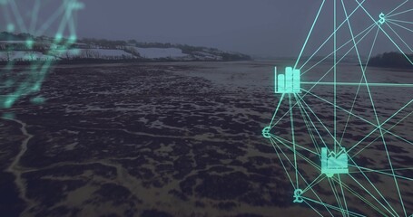 Overlaying network icons framing mudflat channels and snow-dusted hills right-side, copy space