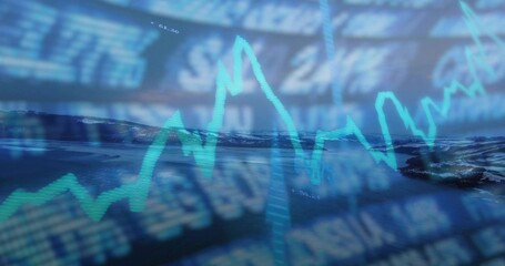 Jagged turquoise financial line graph overlaying fjord, with scrolling tickers, percent markers