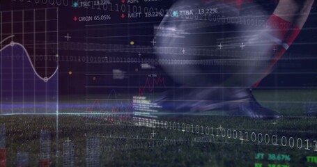 Striking cleated foot wearing red socks sending soccer ball on floodlit turf, with data overlays