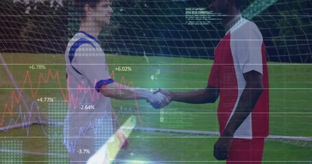 Shaking hands male soccer players in sports jerseys on pitch, with net and overlaid data charts