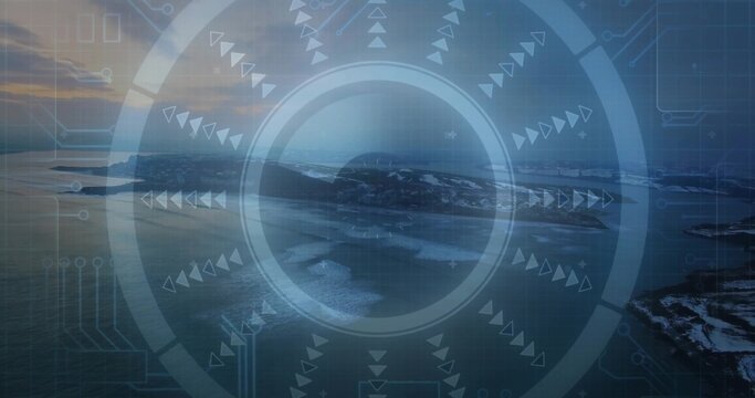 Fototapeta Displaying circular HUD overlaying coastal waters and islets at dusk, with arrows and grid overlay