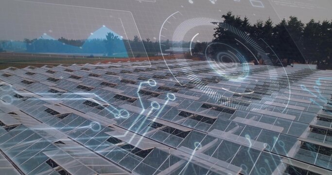 Extending rows solar panels on rack mounts over rural grassy ground, displaying data overlays