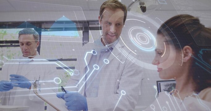 Examining gloved scientist in lab coat with clipboard pointing at holographic display on lab bench